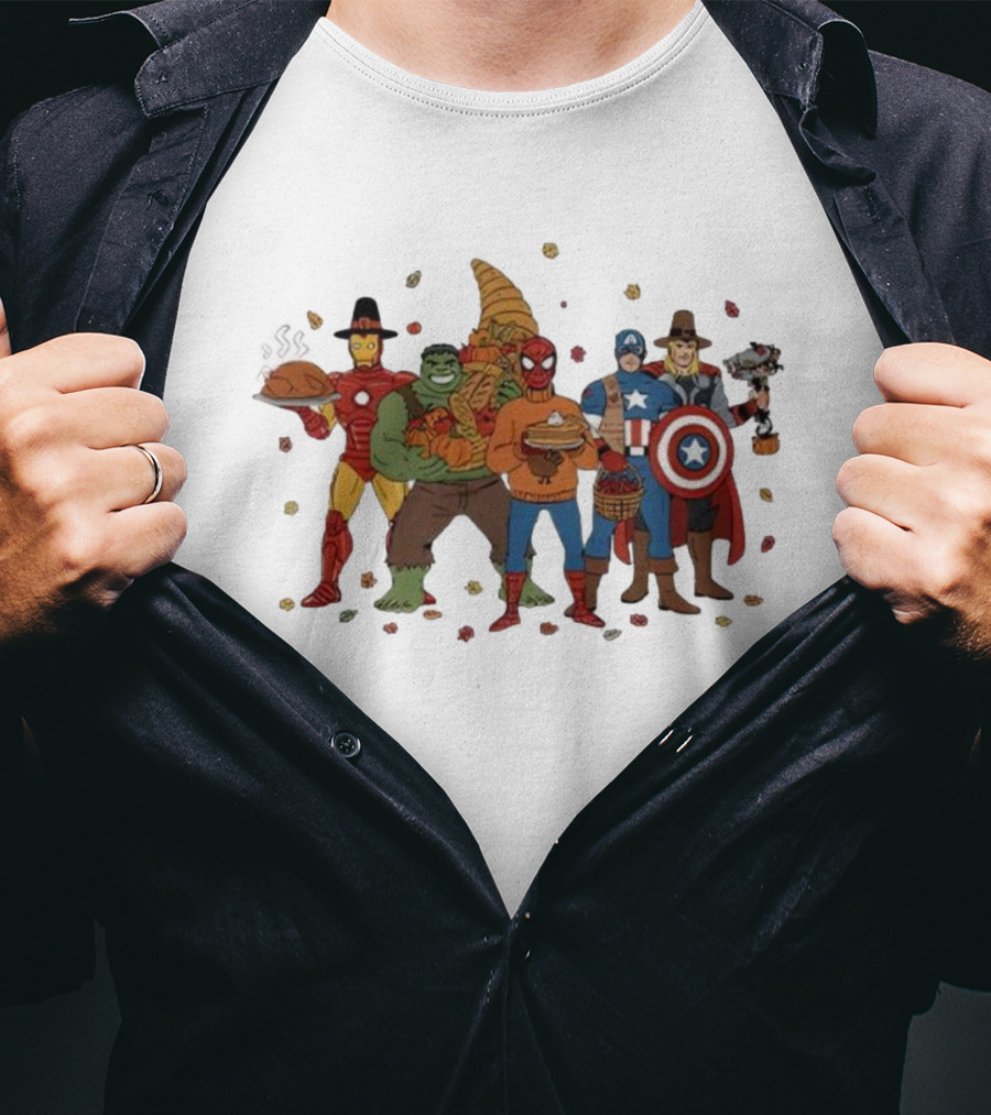 Thanksgiving Superhero Feast With Iron Man Hulk Spider-Man Captain America T-Shirt