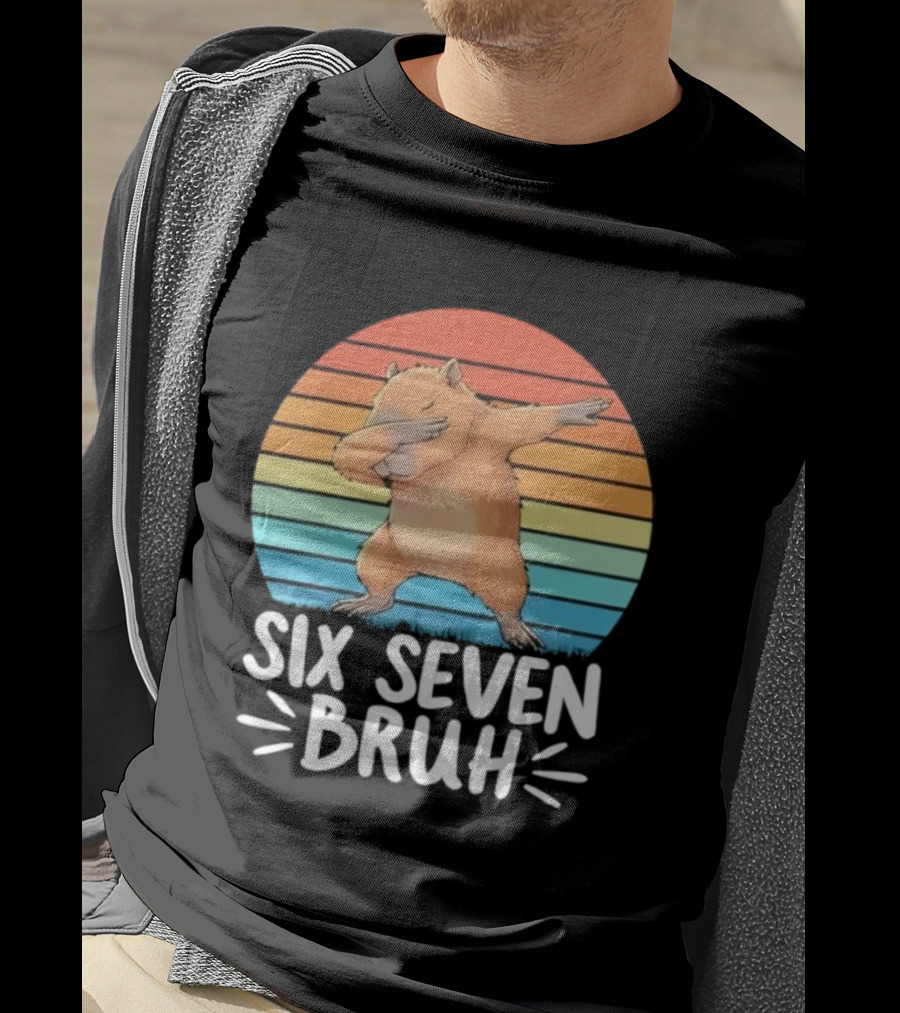 67 Meme Capybara Dabbing Six Seven Bruh Rainbow Retro T-Shirt