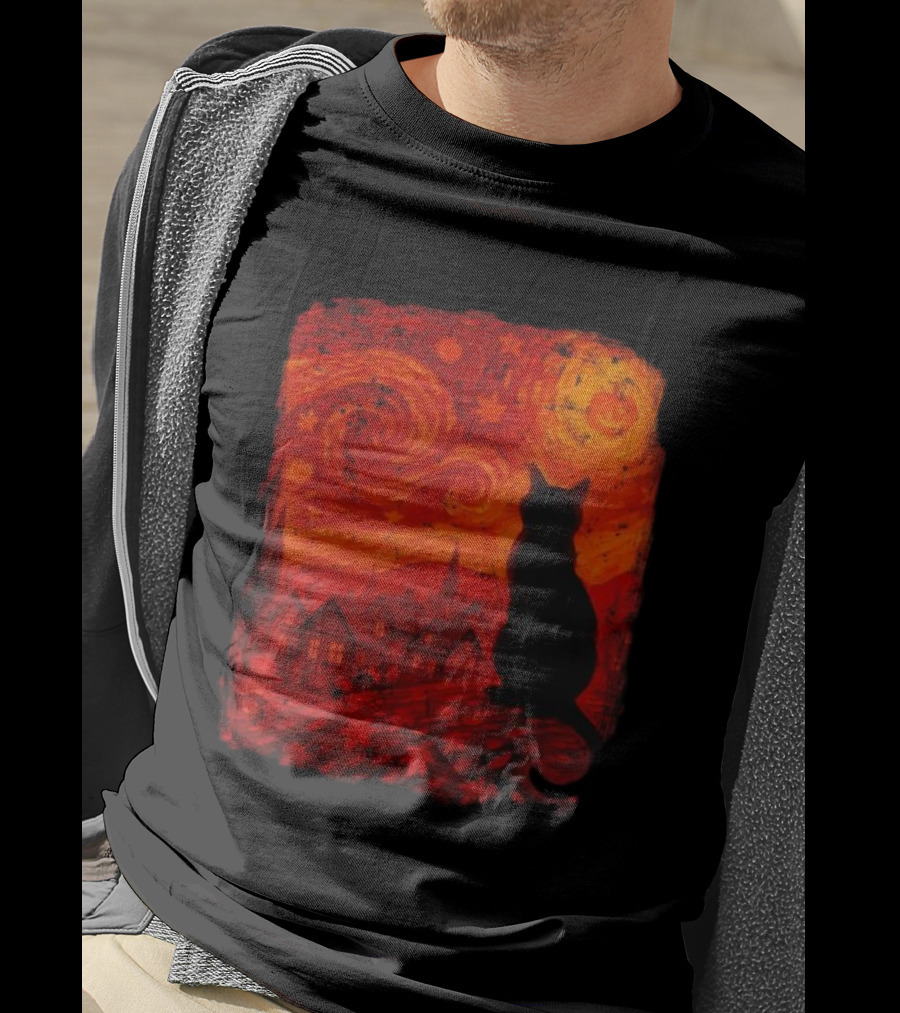 Van Gogh Cat Lover Starry Night Thanksgiving Autumn T-Shirt