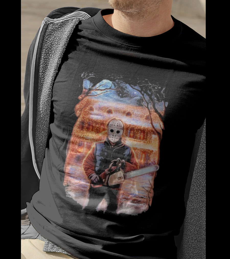 Clark’s Revenge Chainsaw Christmas Lights Hockey Mask Retro Horror Holiday T-Shirt