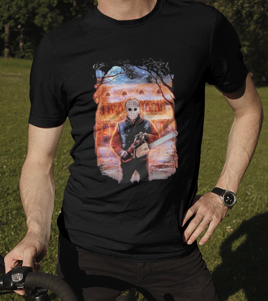 Clark’s Revenge Chainsaw Christmas Lights Hockey Mask Retro Horror Holiday T-Shirt