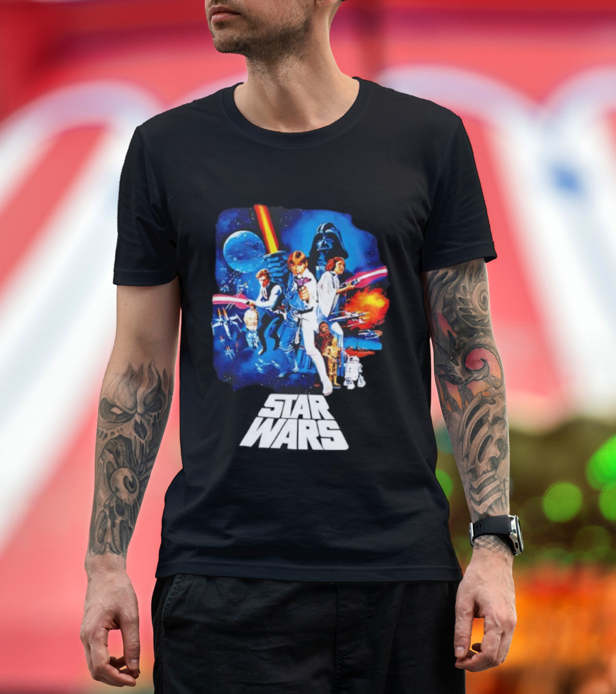Star Wars New Hope Retro Darth Vader Luke Skywalker Leia Han Solo Chewbacca R2-D2 C-3PO Vintage Galactic Battle Scene T-Shirt