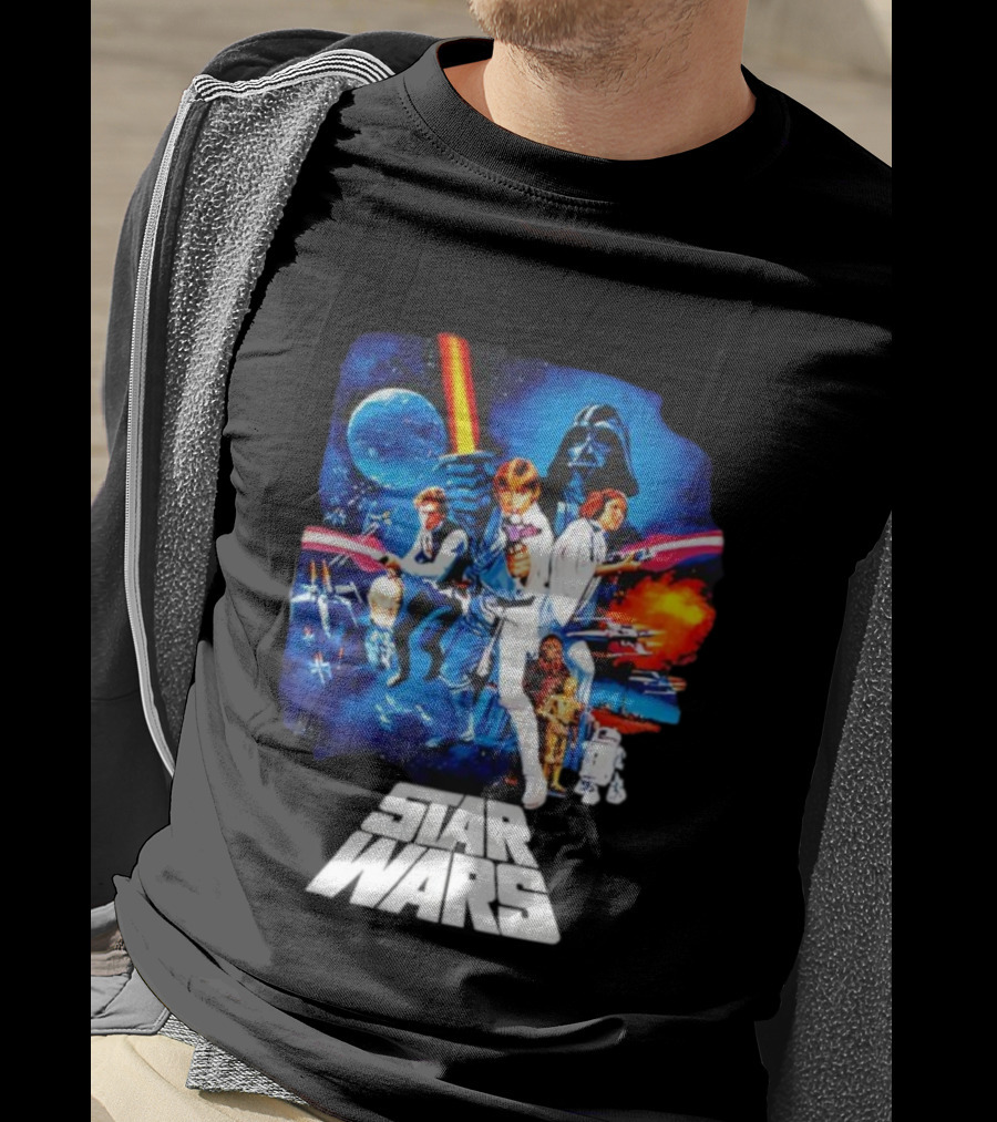 Star Wars New Hope Retro Darth Vader Luke Skywalker Leia Han Solo Chewbacca R2-D2 C-3PO Vintage Galactic Battle Scene T-Shirt