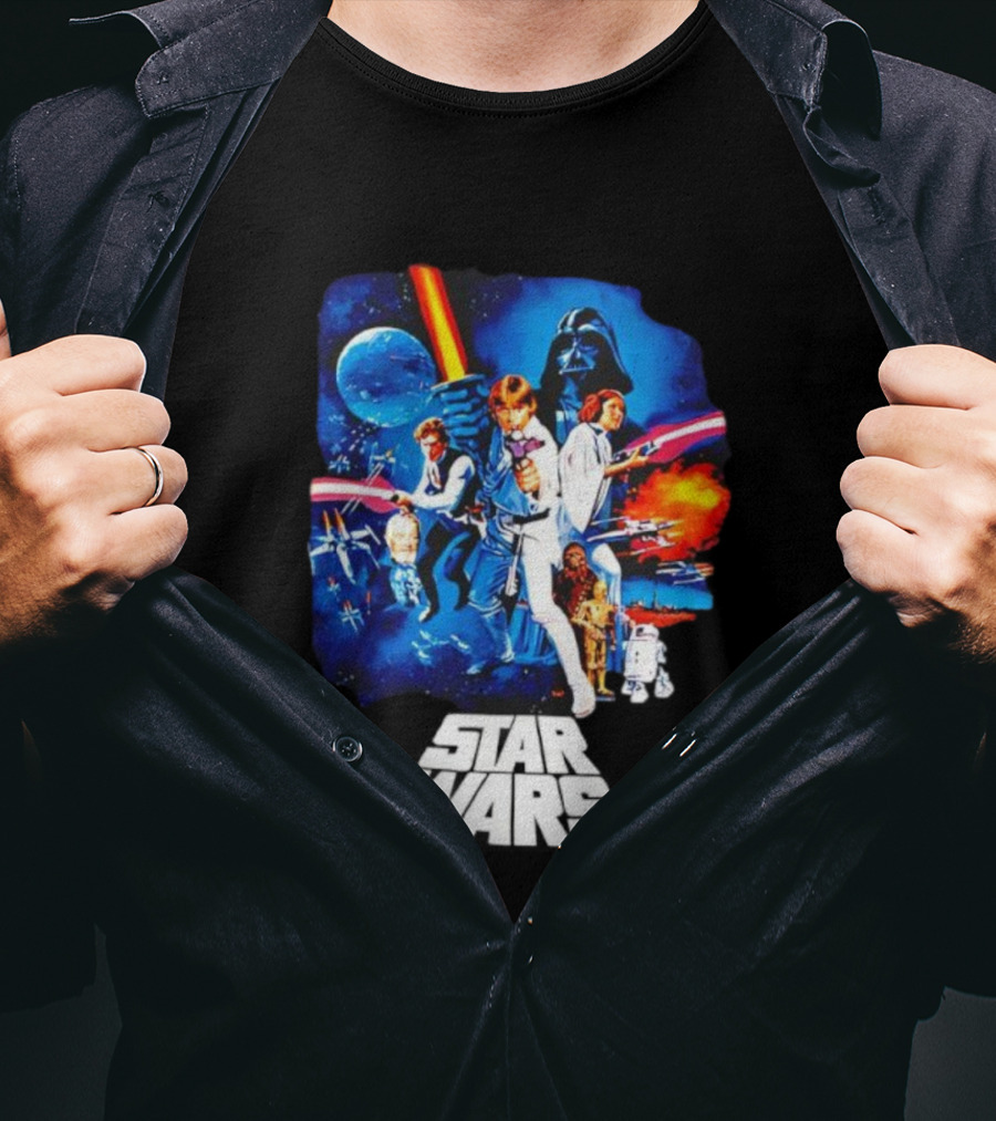 Star Wars New Hope Retro Darth Vader Luke Skywalker Leia Han Solo Chewbacca R2-D2 C-3PO Vintage Galactic Battle Scene T-Shirt