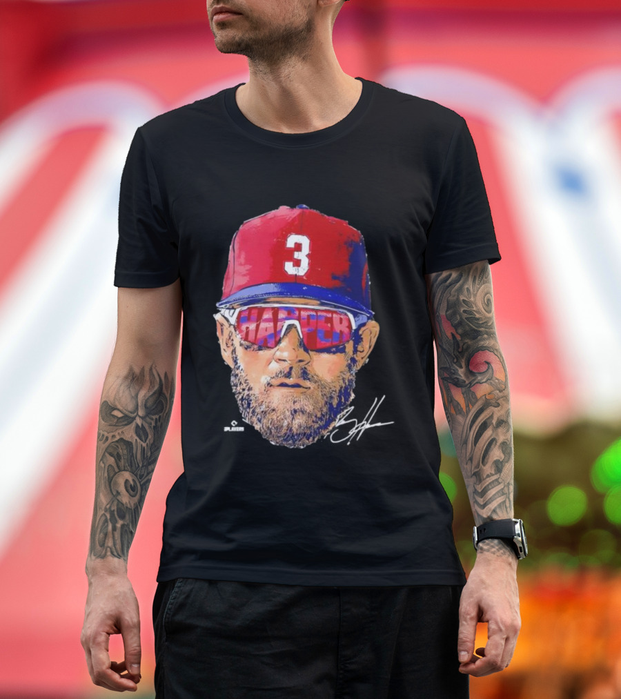 Philadelphia Phillies Bryce Harper Signature Head 3 Cap Sunglasses T-Shirt
