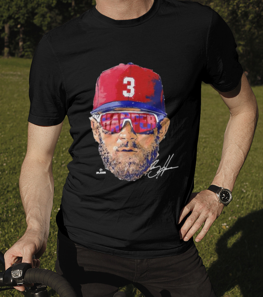 Philadelphia Phillies Bryce Harper Signature Head 3 Cap Sunglasses T-Shirt