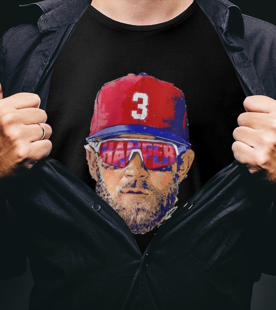 Philadelphia Phillies Bryce Harper Signature Head 3 Cap Sunglasses T-Shirt