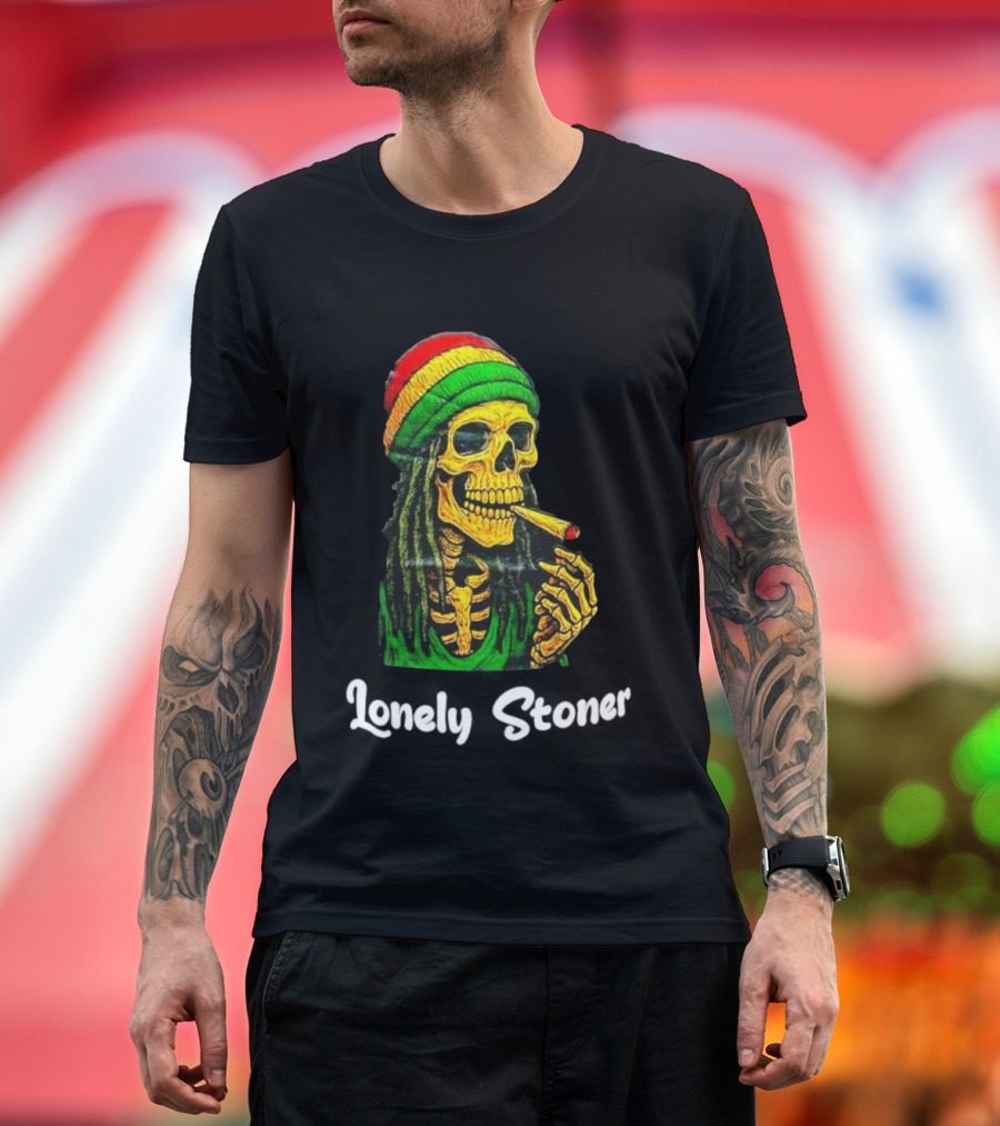 Lonely Stoner Dreadlocked Skull Smoking Rasta Colors T-Shirt