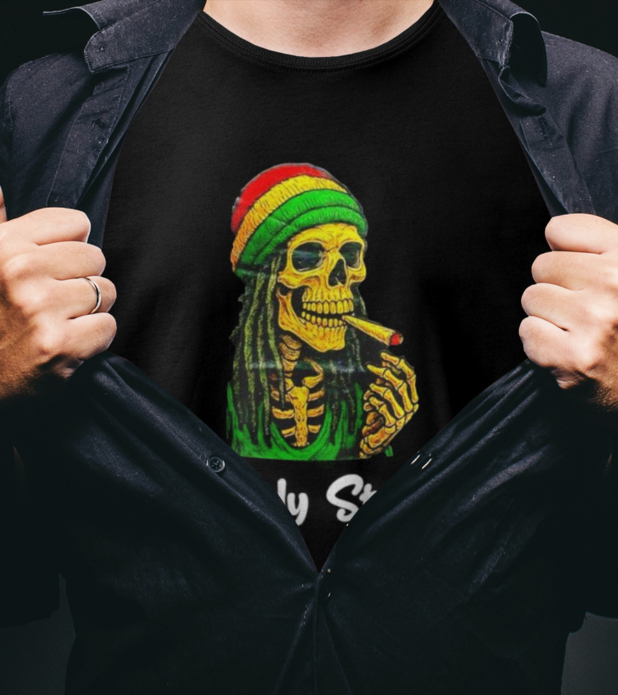 Lonely Stoner Dreadlocked Skull Smoking Rasta Colors T-Shirt