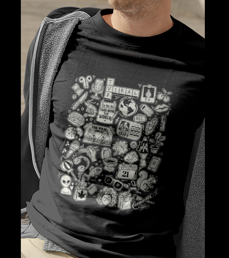 The Viral Podcast Doodle Funny Icons And Words Collage T-Shirt