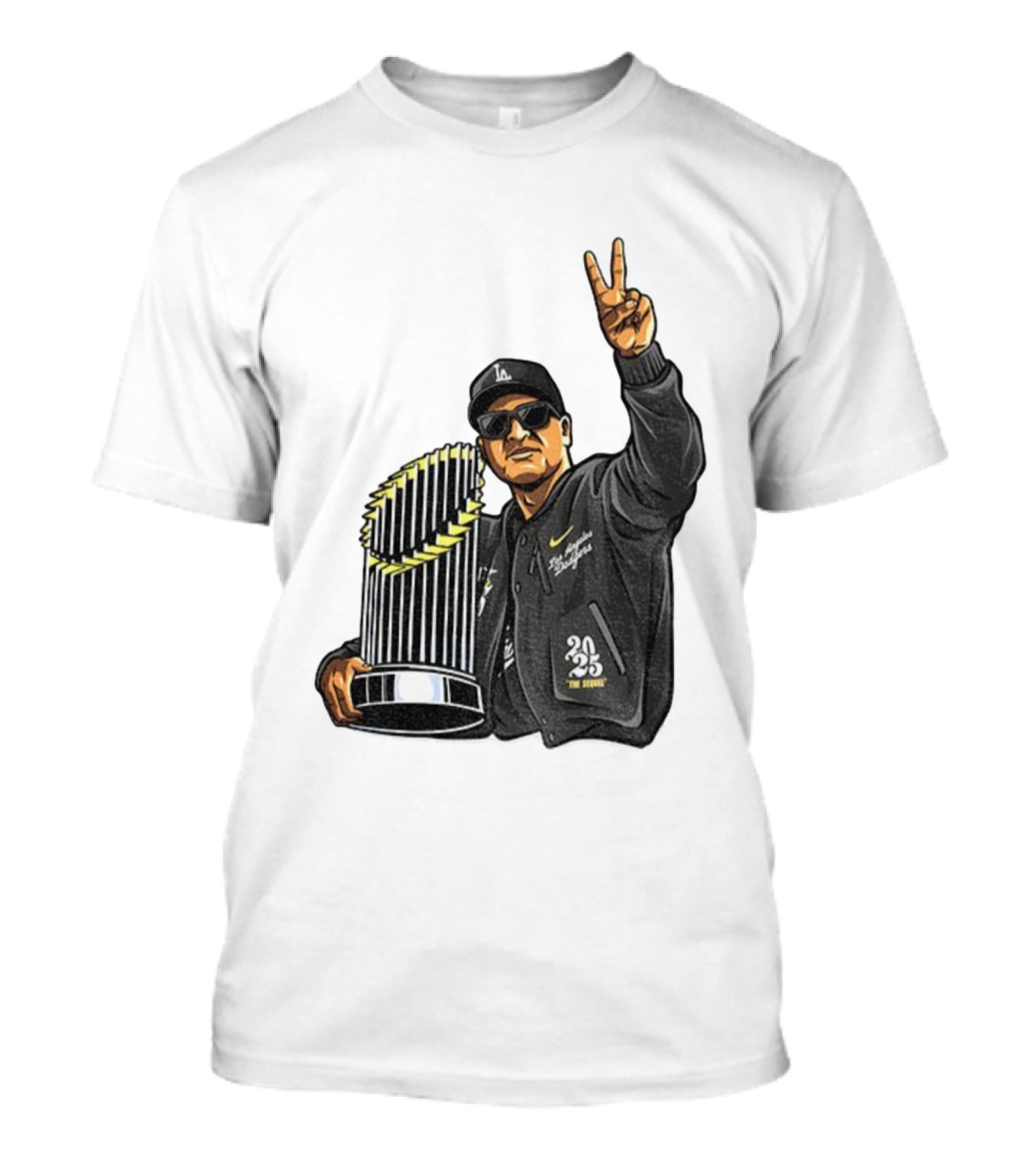 Dave Roberts Los Angeles Dodgers World Series Trophy 2025 Victory Sign T-Shirt