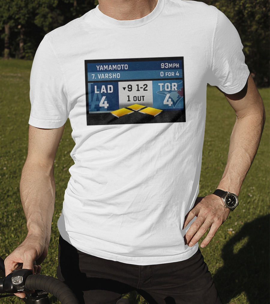 Los Angeles Dodgers Vs Toronto Blue Jays Bottom Of 9th Inning Score Tied 4-4 With Pitcher Yamamoto And Batter Varsho T-Shirt