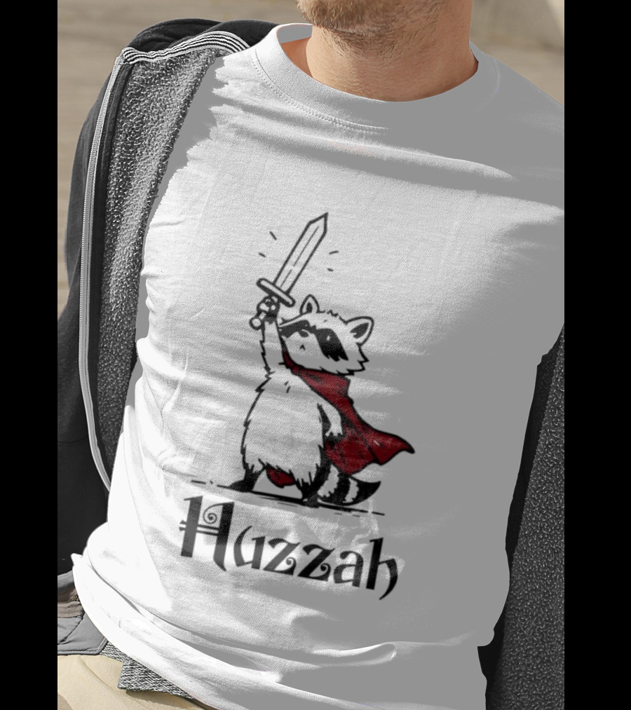 Raccoon Warrior Huzzah Red Cape Sword Heroic Pose T-Shirt