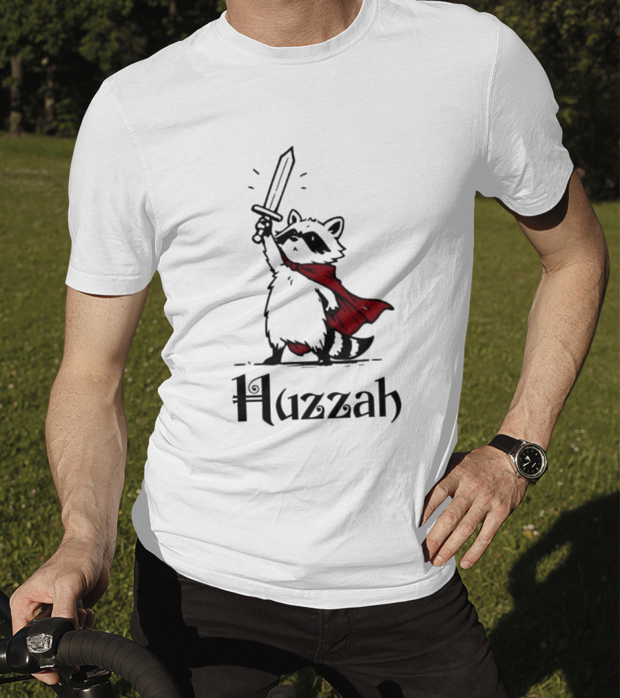 Raccoon Warrior Huzzah Red Cape Sword Heroic Pose T-Shirt