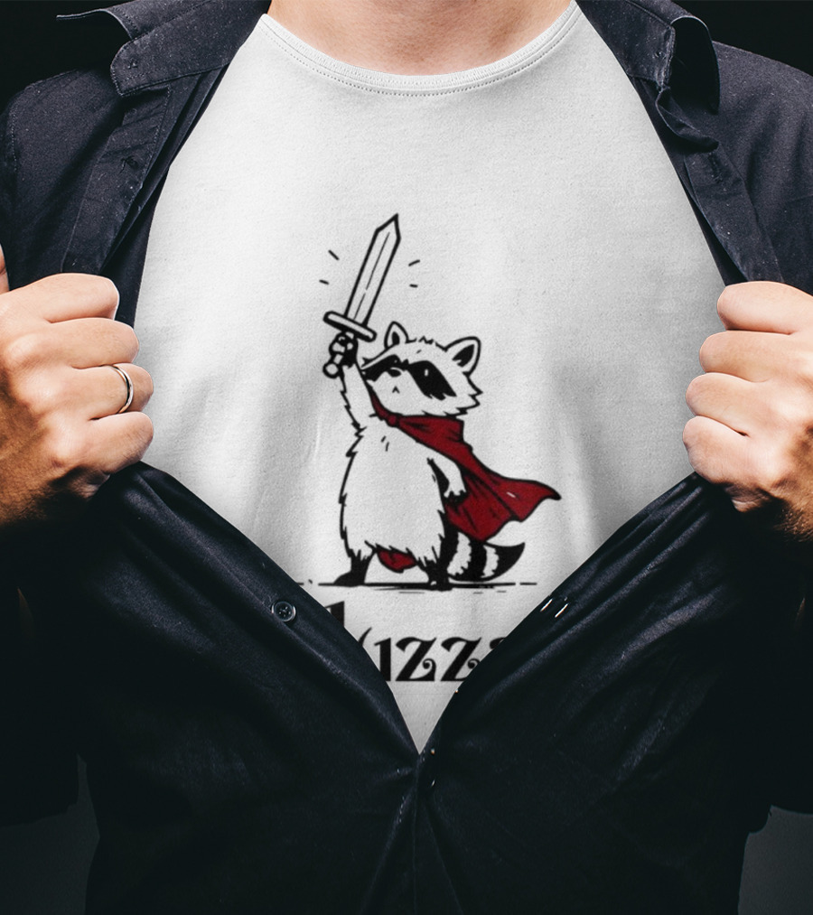 Raccoon Warrior Huzzah Red Cape Sword Heroic Pose T-Shirt