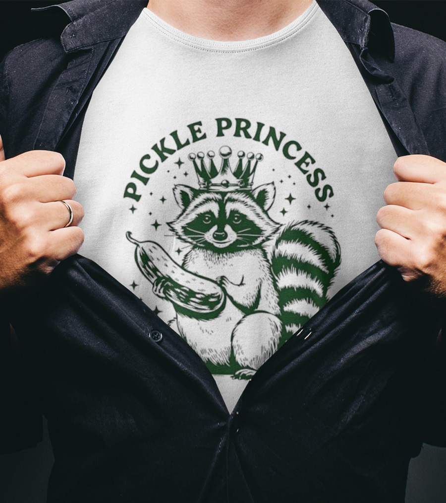 Pickle Princess Raccoon Holding Pickle With Crown And Stars T-Shirt