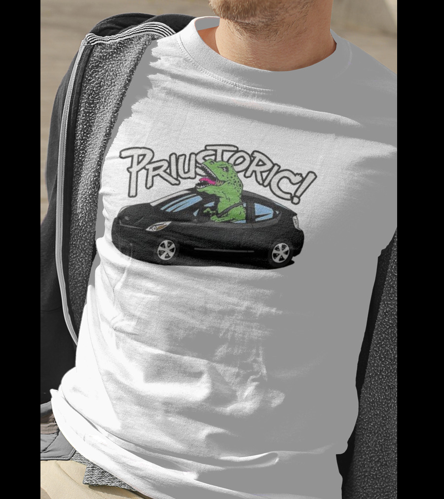 Priustoric T-Rex Dinosaur Driving Car Playful Humor T-Shirt