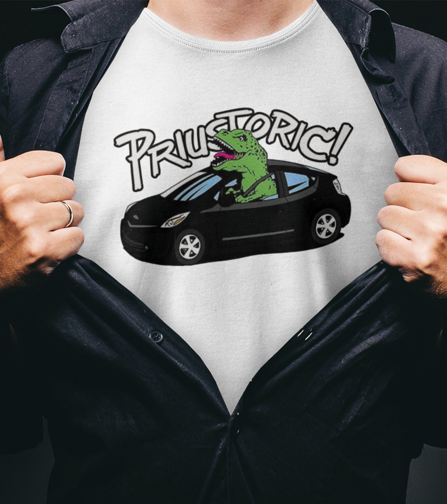 Priustoric T-Rex Dinosaur Driving Car Playful Humor T-Shirt