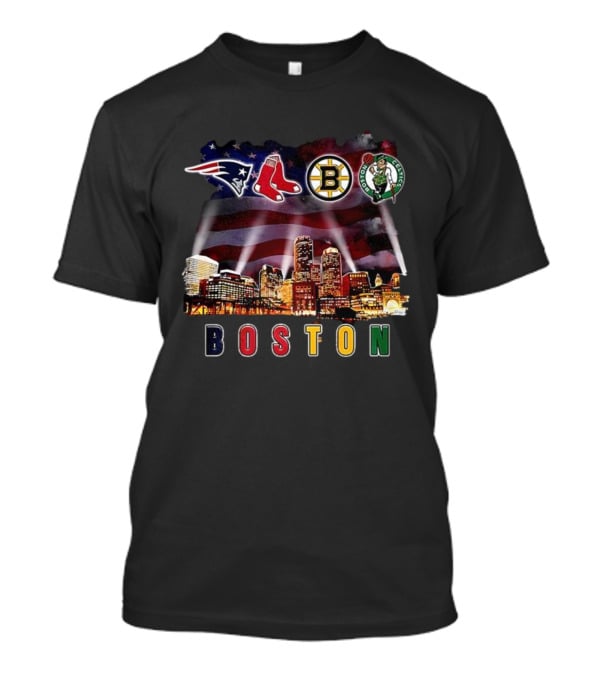 Boston Patriots Red Sox Bruins Celtics City Skyline Fan Celebration T-Shirt