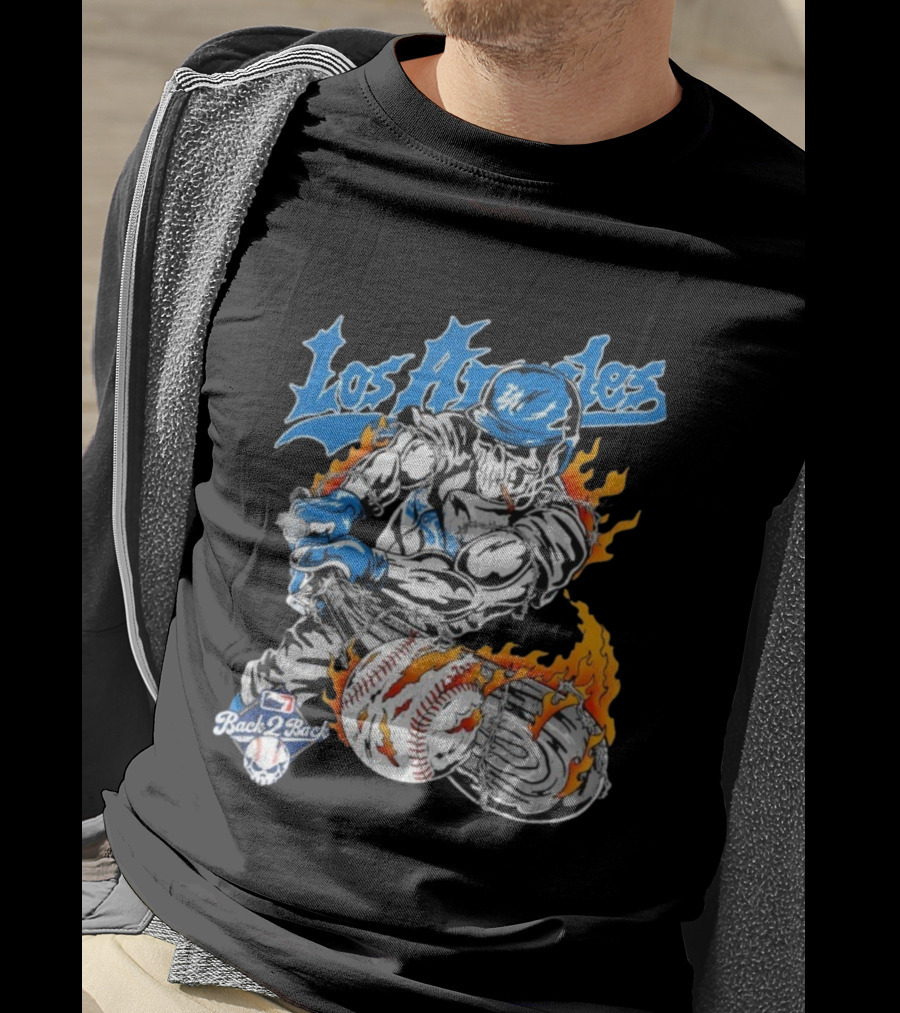 Los Angeles Dodgers World Series Back 2 Back 2024 2025 Warren Lotas Skeleton Baseball Flames T-Shirt