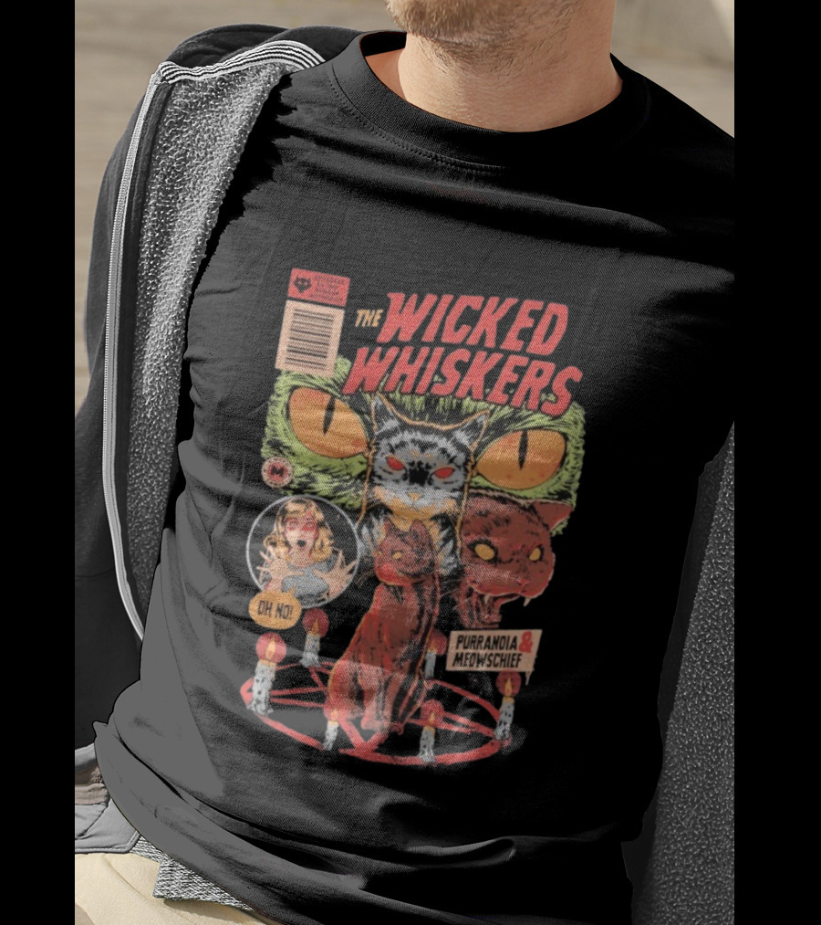 The Wicked Whiskers Oh No Purranoia Meowschief Comic Style Cats T-Shirt
