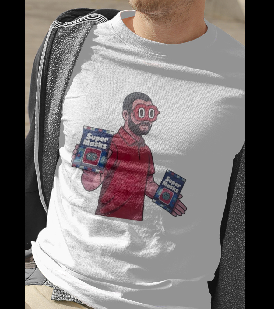 Super Masks Red Character Holding Packages With Eye Mask T-Shirt