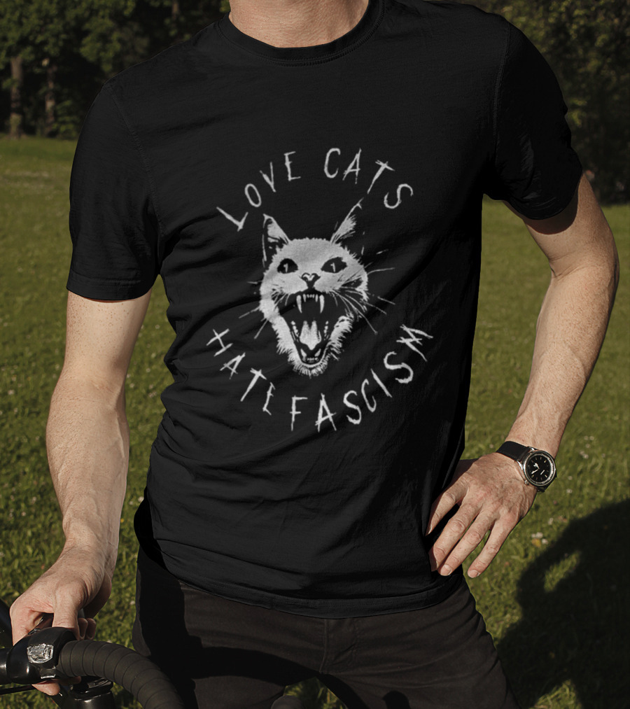 Love Cats Hate Fascism Antifascism Roaring Cat Graphic T-Shirt