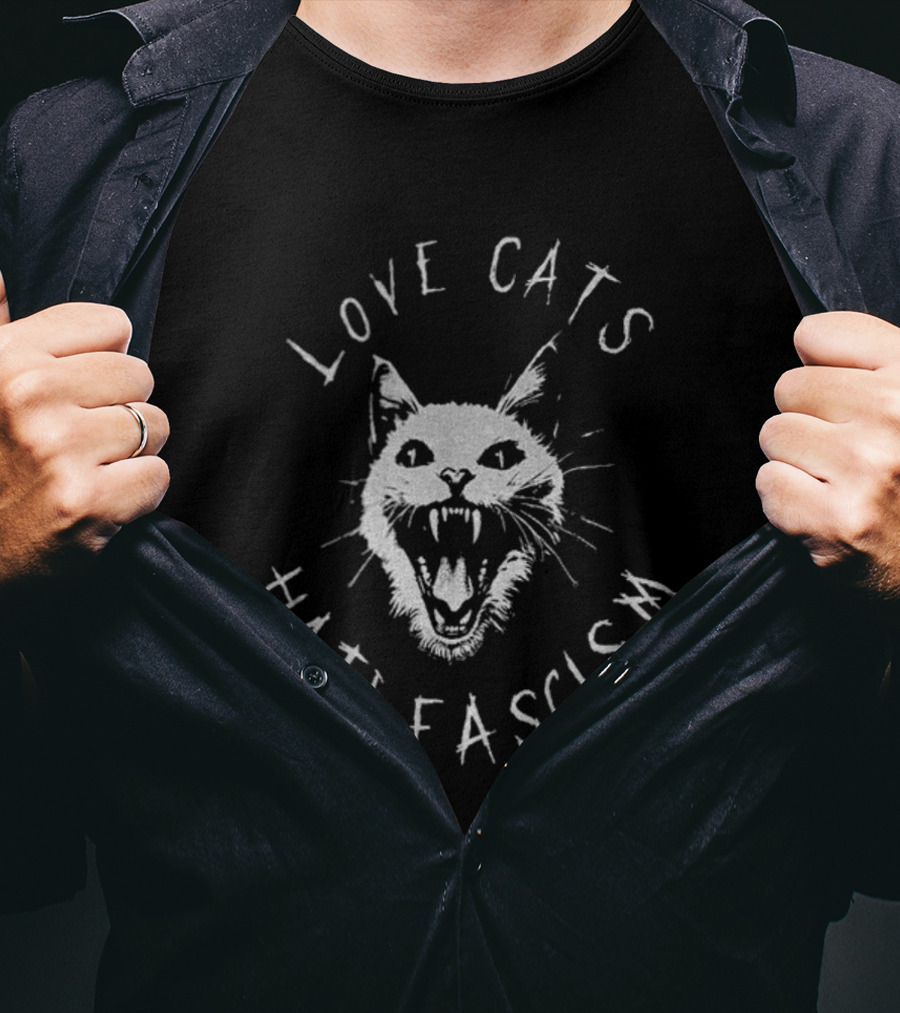 Love Cats Hate Fascism Antifascism Roaring Cat Graphic T-Shirt