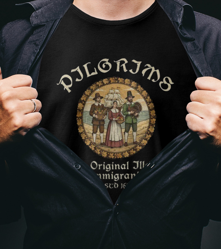 Vintage Pilgrims Thanksgiving Original Illegal Immigrants Parody T-Shirt