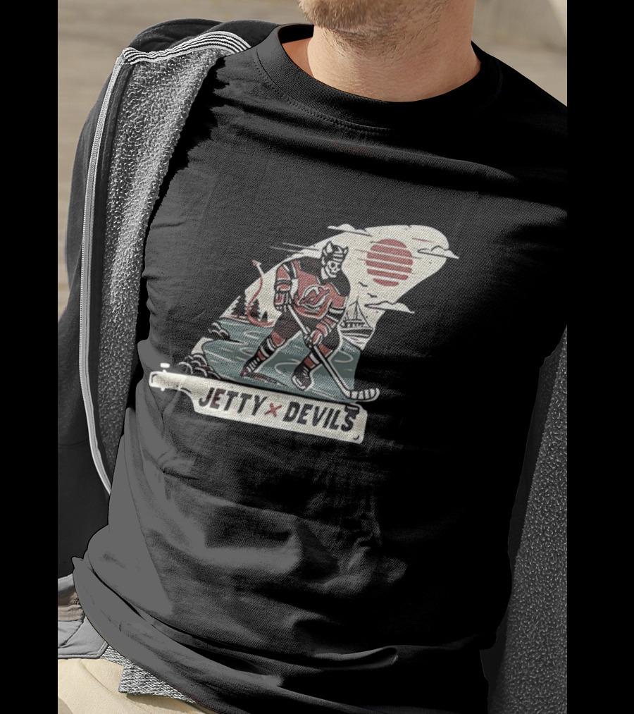 Jetty X New Jersey Devils NHL Player Vintage Skeleton Hockey Sunset Scene T-Shirt