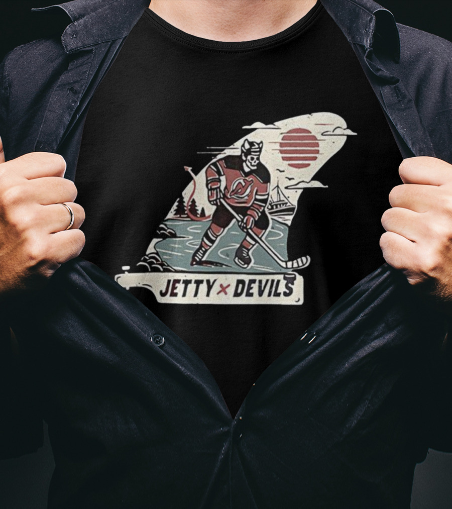 Jetty X New Jersey Devils NHL Player Vintage Skeleton Hockey Sunset Scene T-Shirt