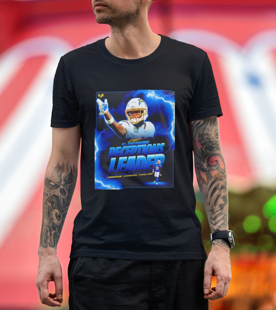 Keenan Allen Chargers All-Time Franchise Receptions Leader Lightning Theme T-Shirt