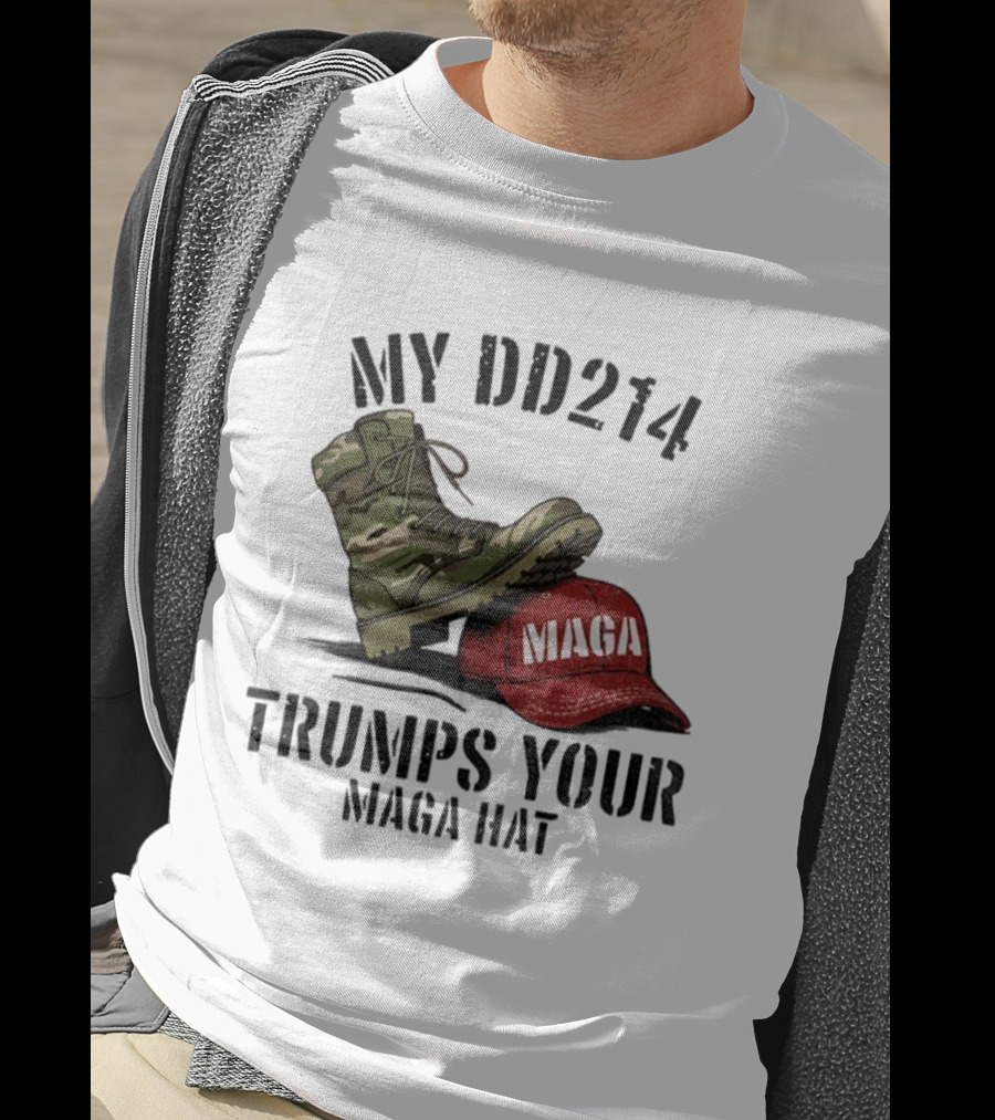 Veterans Against Trump My DD214 Trumps Your MAGA Hat Camo Boot Standing On Red MAGA Cap T-Shirt