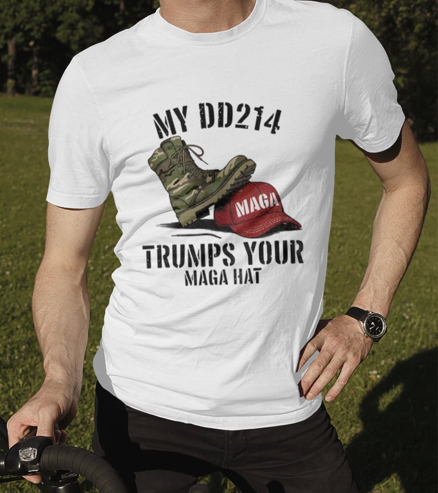 Veterans Against Trump My DD214 Trumps Your MAGA Hat Camo Boot Standing On Red MAGA Cap T-Shirt