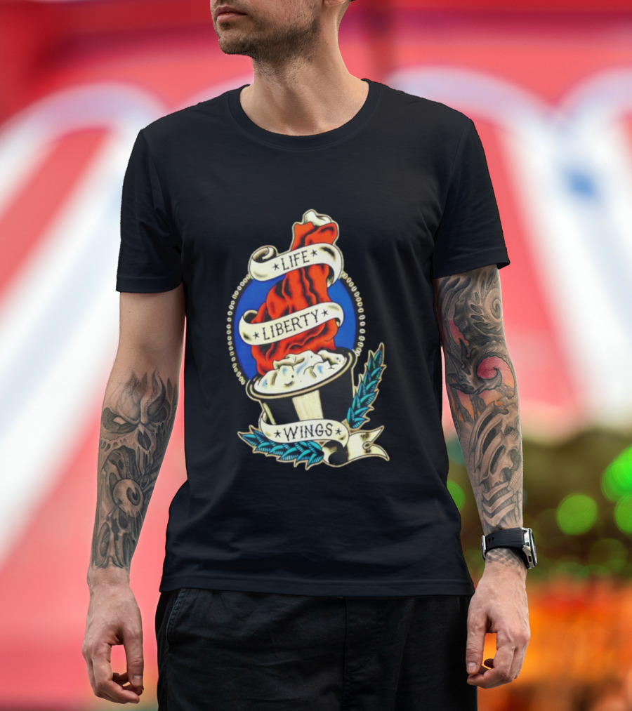 Life Liberty Wings Tattoo Style Emblem Flame And Feather Elements T-Shirt