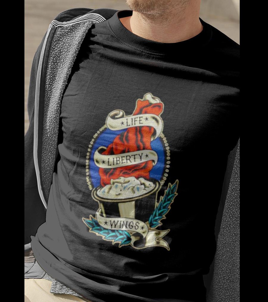 Life Liberty Wings Tattoo Style Emblem Flame And Feather Elements T-Shirt