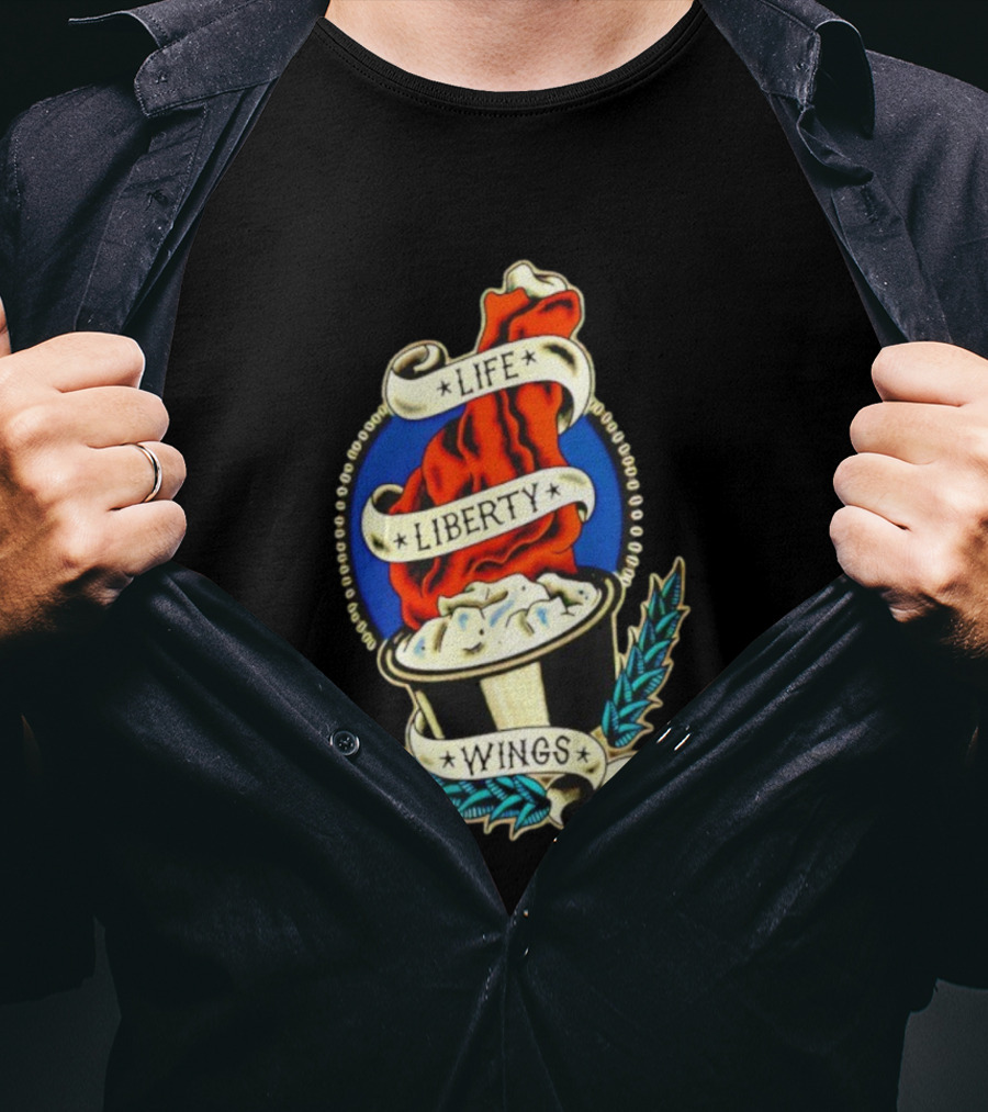 Life Liberty Wings Tattoo Style Emblem Flame And Feather Elements T-Shirt