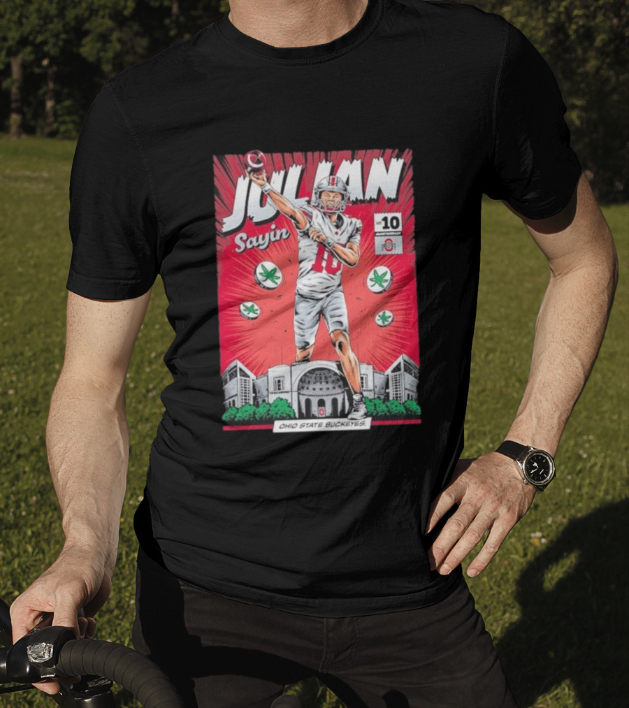 Julian Sayin Ohio State Buckeyes Number 10 Comic Superheroes Stadium T-Shirt