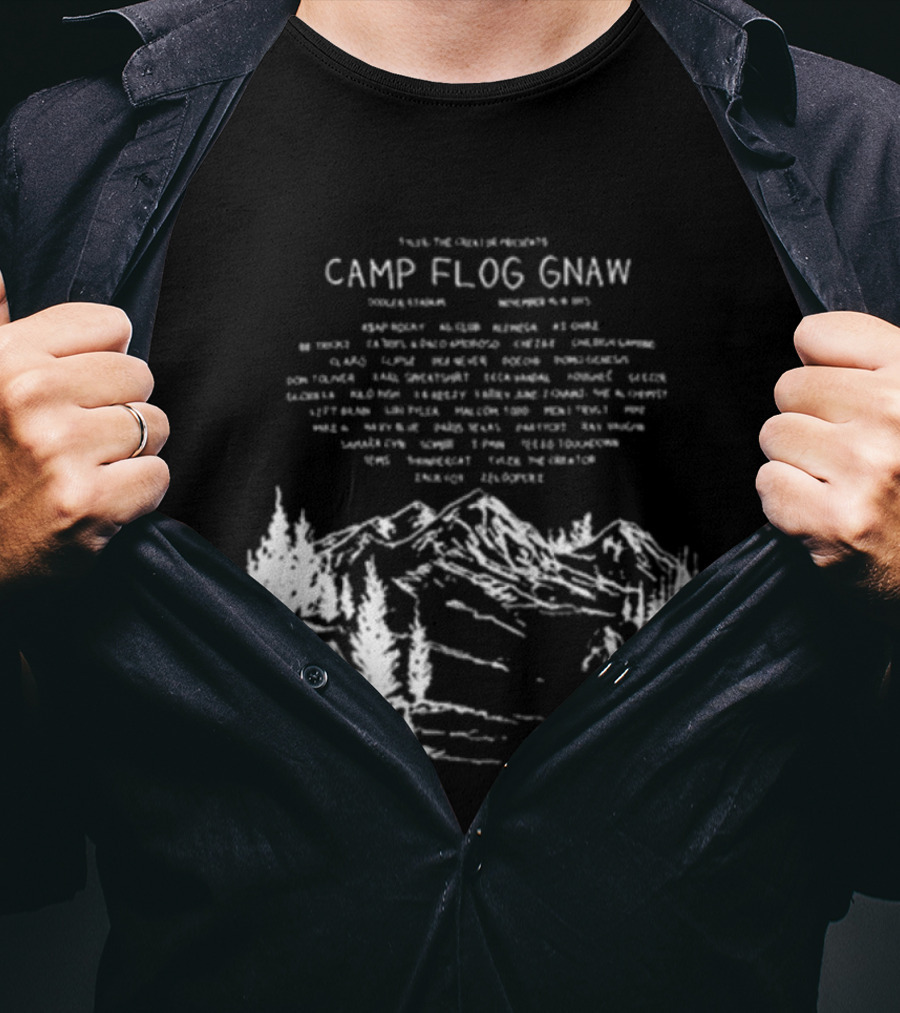 Camp Flog Gnaw 2025 Mountain Bigfoot Tyler The Creator Lineup Adventure T-Shirt