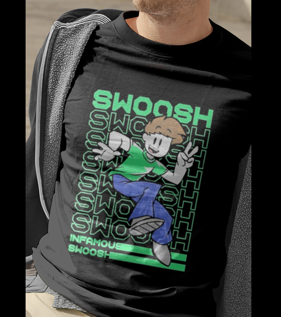 Infamous Swoosh Repeated Cartoon Character Peace Gesture Bright Colors T-Shirt