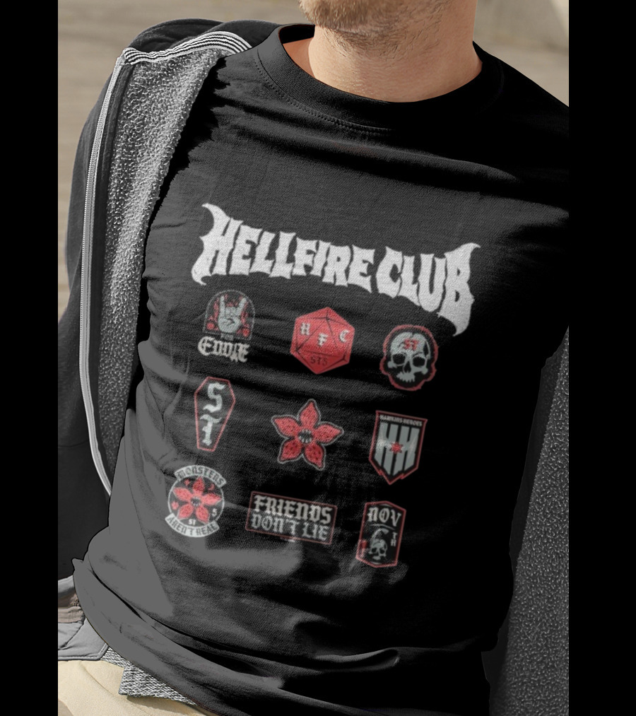 Stranger Things Hellfire Club Friends Don’t Lie Hawkins Heroes Badges T-Shirt