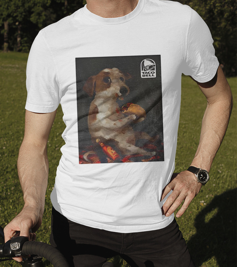 Dog With Taco Bell Burrito And Hot Sauce Funny Meme T-Shirt