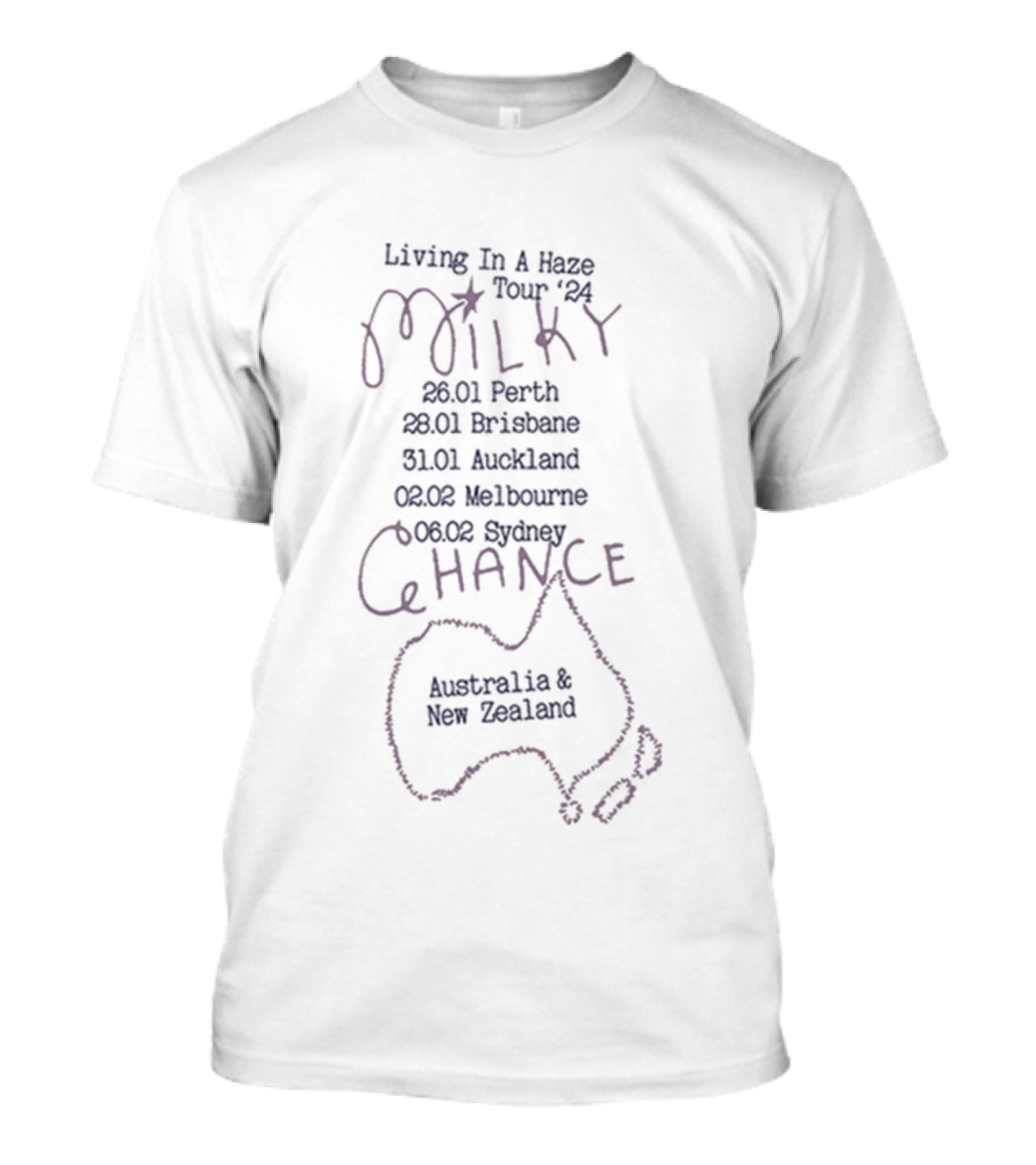 Milky Chance Living In A Haze Tour 2024 Australia New Zealand 26 Jan Perth 28 Brisbane 31 Auckland 02 Feb Melbourne 04 Sydney T-Shirt