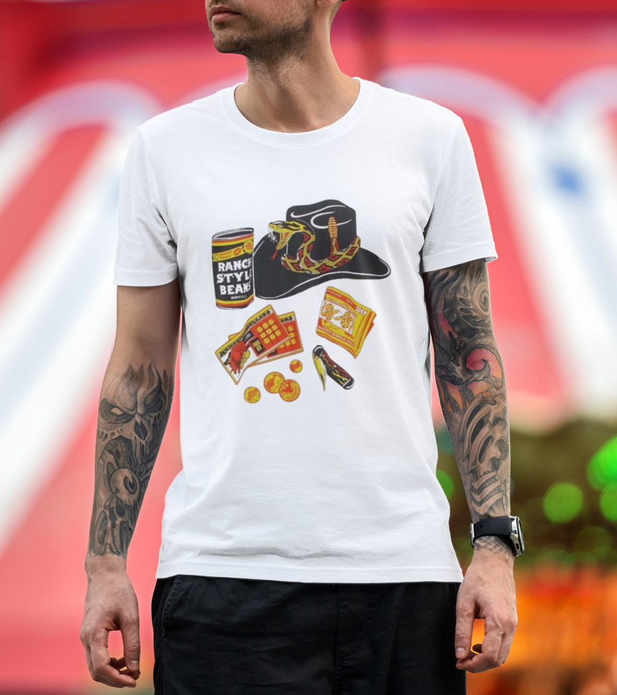 Ranch Style Beans Can Rattlesnake Cowboy Hat Texas Symbols Imagery T-Shirt