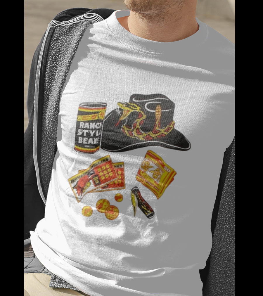 Ranch Style Beans Can Rattlesnake Cowboy Hat Texas Symbols Imagery T-Shirt