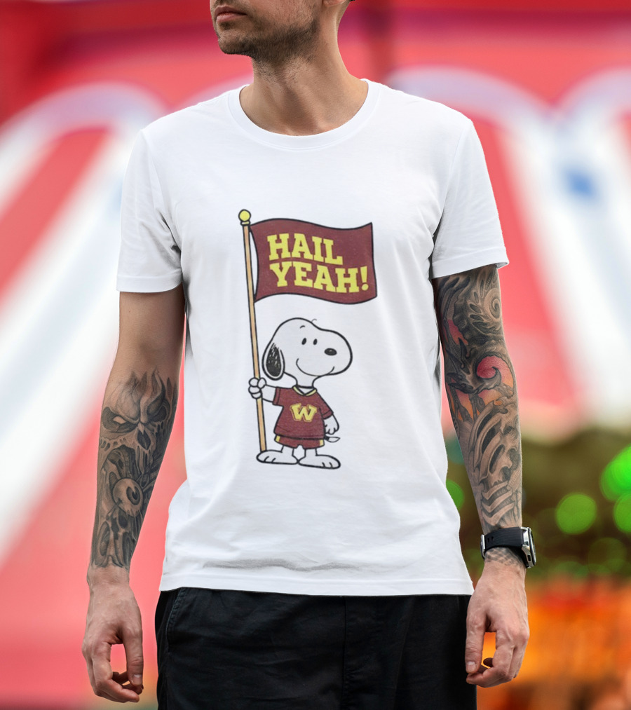 Snoopy Holding Hail Yeah Washington Commanders Flag Football Cartoon T-Shirt