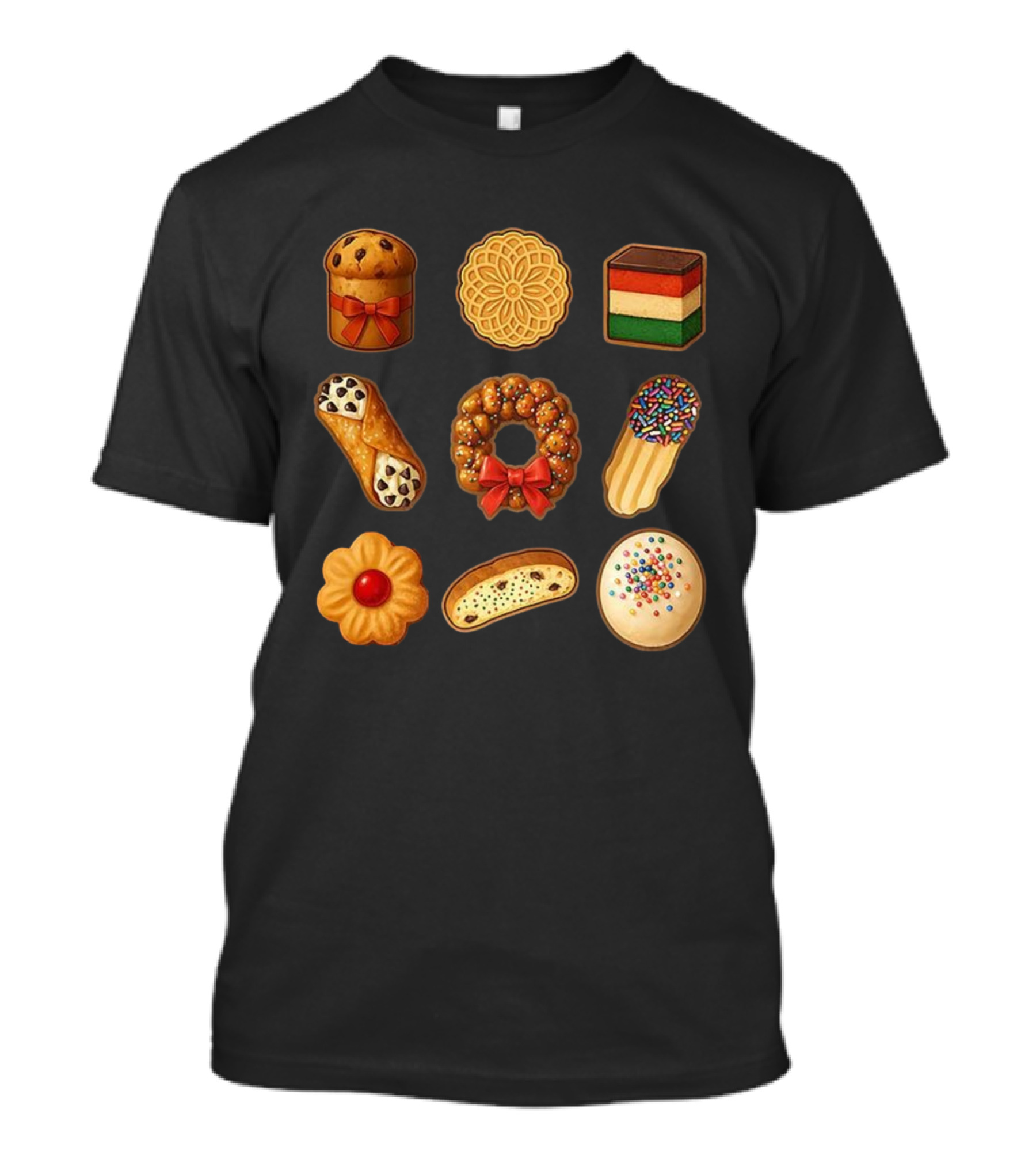 Festive Italian Cookie Variety Featuring Pandoro Biscotti Cannoli Bow Sprinkles T-Shirt