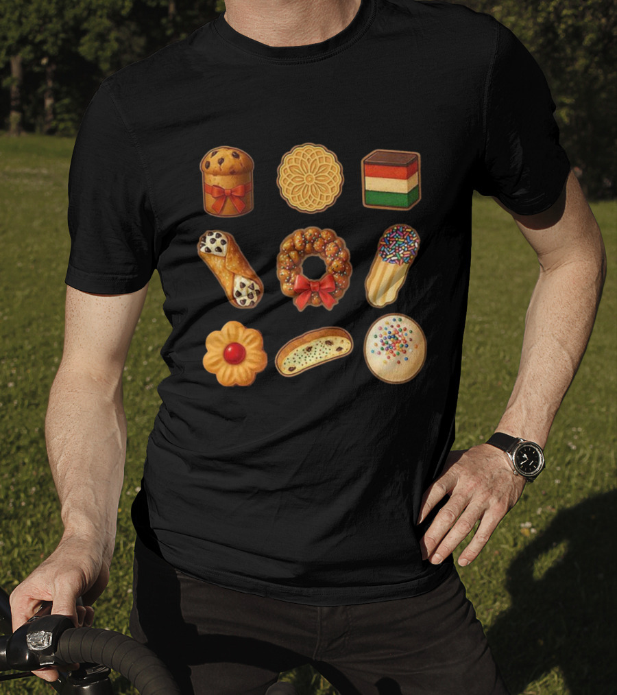 Festive Italian Cookie Variety Featuring Pandoro Biscotti Cannoli Bow Sprinkles T-Shirt