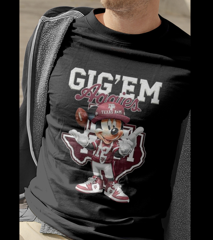 Gig’em Aggies Texas A&M Mickey Mouse Football Map T-Shirt