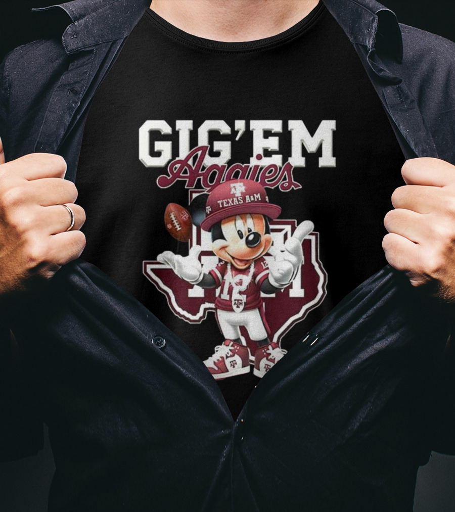 Gig’em Aggies Texas A&M Mickey Mouse Football Map T-Shirt